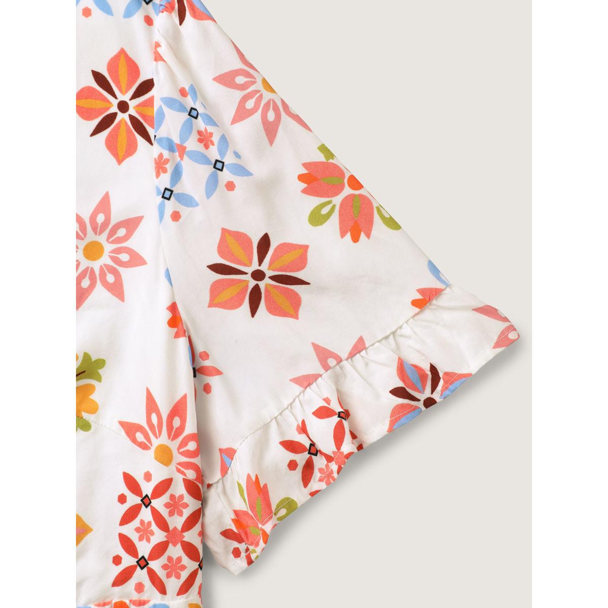 Plus Size Handmade Block Print Tiered Midi Dress OrangeRed Women Boho Flat collar with V-notch Short sleeve Curvy BloomChic 12/L Product Image