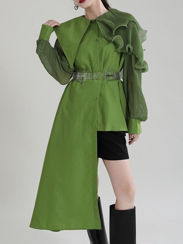 Long Sleeves Loose Asymmetric Pleated Solid Color Split-Joint Falbala Lapel Blouses&Shirts Tops Product Image