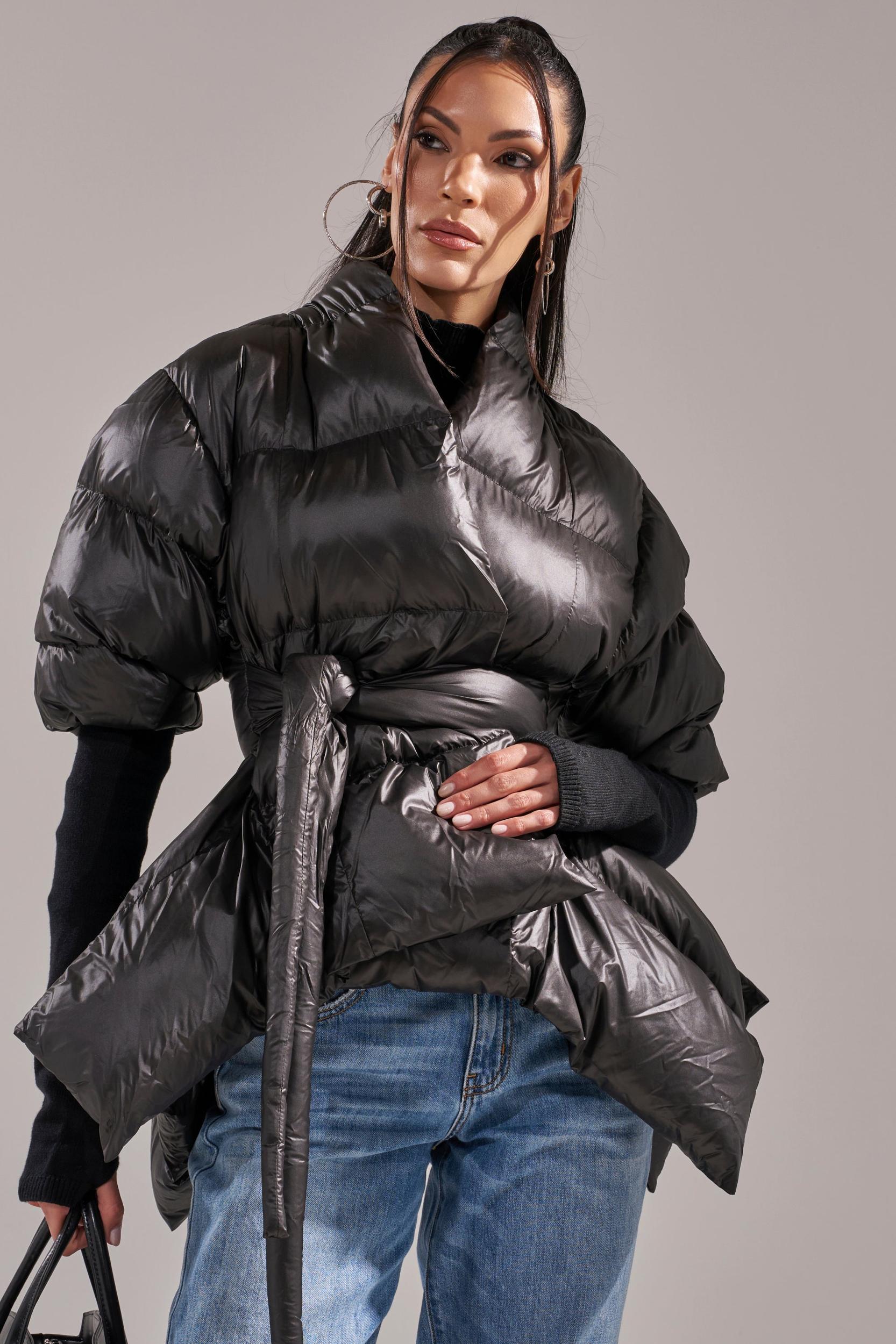 A STEP AHEAD LONG RIBBED SLEEVE PEPLUM PUFFER COAT Product Image
