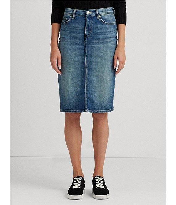 Lauren Ralph Lauren Sunset Indigo Wash Stretch Denim Mid Rise Pencil Skirt Product Image