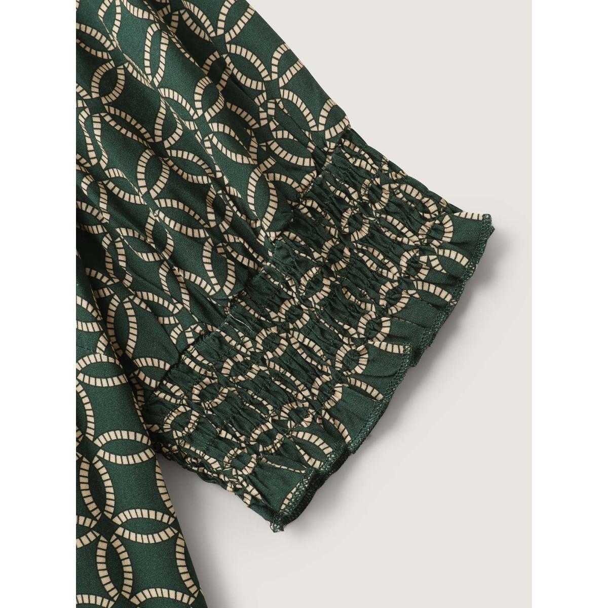 Plus Size DarkGreen Floral Shirred Split Neckline Blouse Women Short sleeve Flat collar with V-notch Work Blouses BloomChic 26/4X Product Image