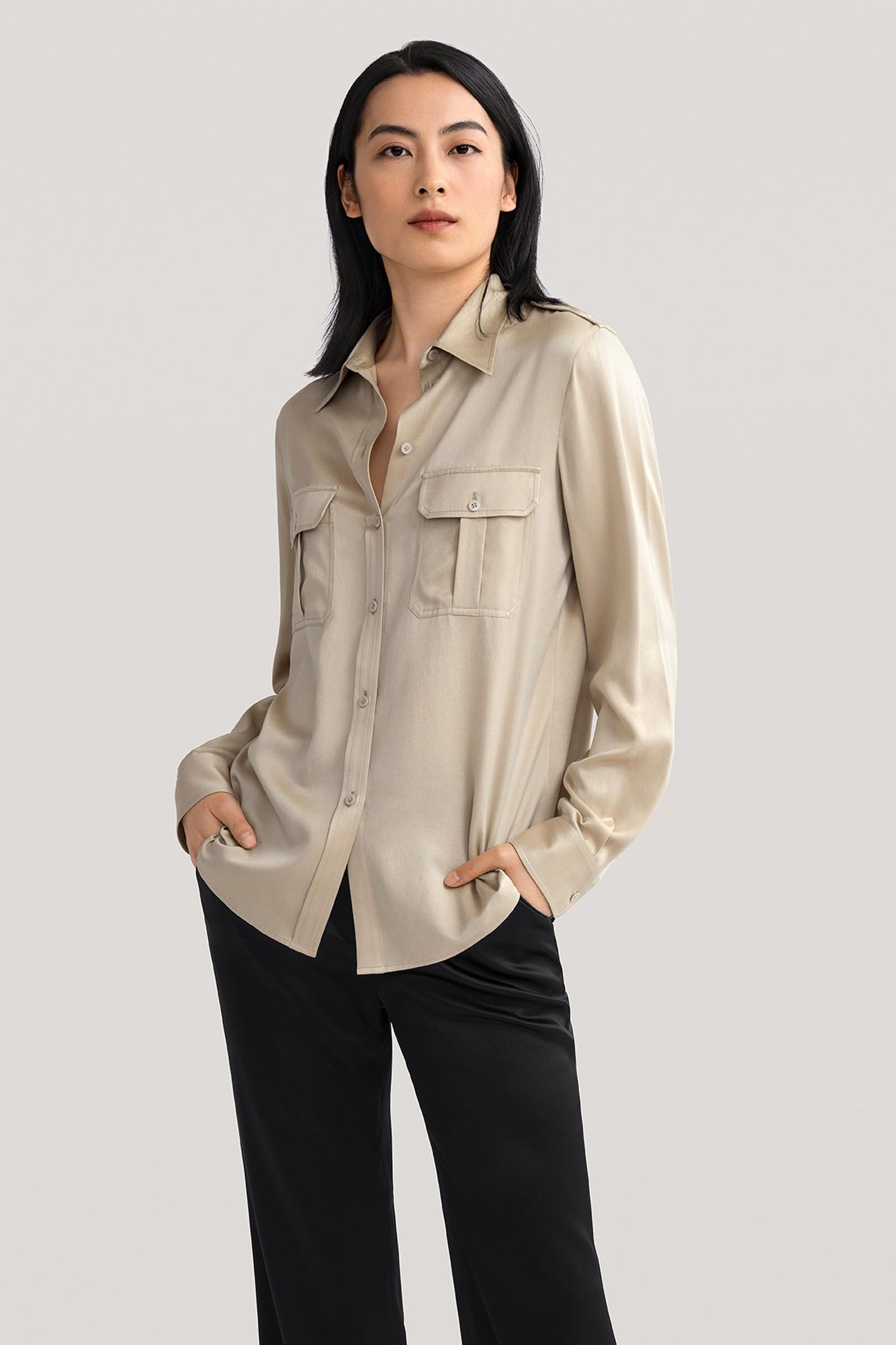 LILYSILK Women's 22MM Sandwashed Silk Safari Shirt With Epaulets Safari Green XXL Product Image