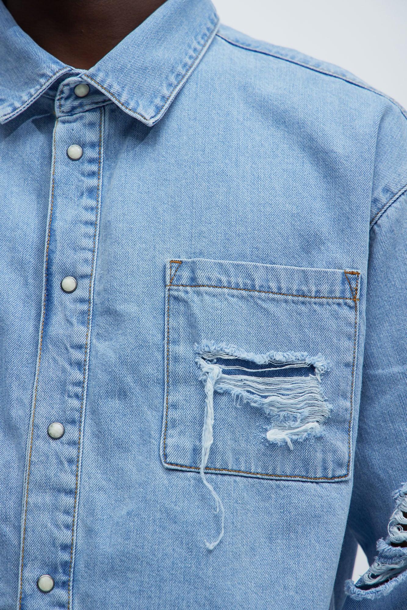 Essential Distressed Denim Woven Top - Light Wash Product Image
