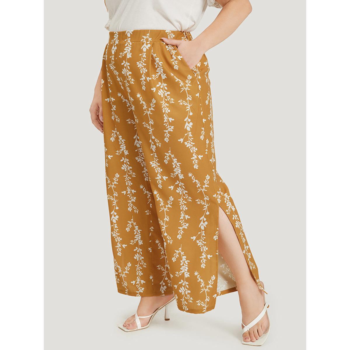 Plus Size Silhouette Floral Print Pocket Split Side Pants Women Yellow Elegant Straight Leg High Rise Dailywear Pants BloomChic 14-16/1X Product Image