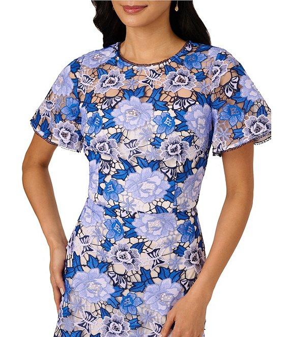 Adrianna Papell Illusion Crew Neck Flutter Sleeve Embroidered Lace Sheath Dress Product Image
