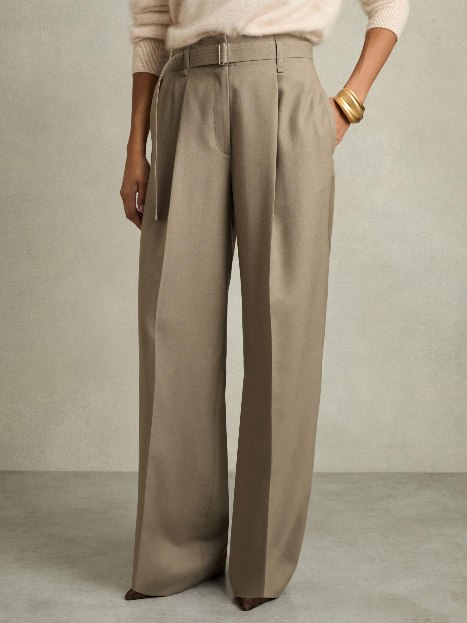 Petite Wool Belted Wide-Leg Trousers in Neutral Product Image