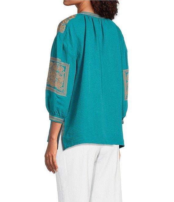Calessa Petite Size Crinkle Textured Foulard Embroidered Split V-Neck 3/4 Sleeve Tunic Product Image