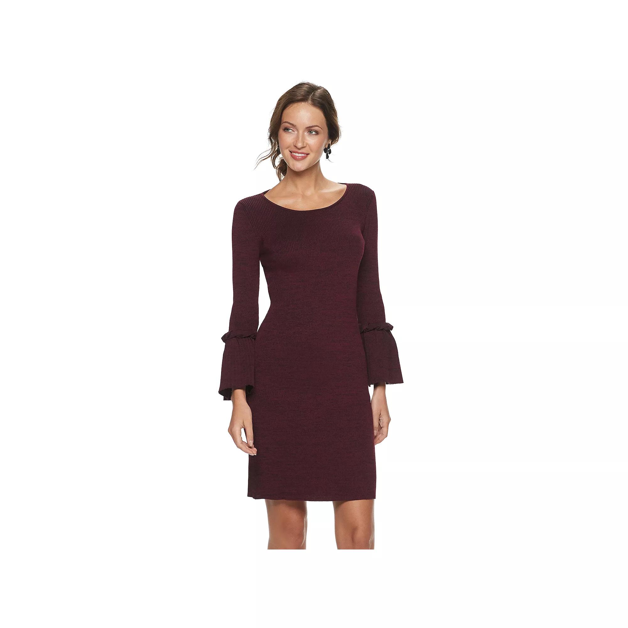 Women's Nina Leonard Bell Sleeve Ribbed Sweater Dress, Size: Medium, Red Team Product Image