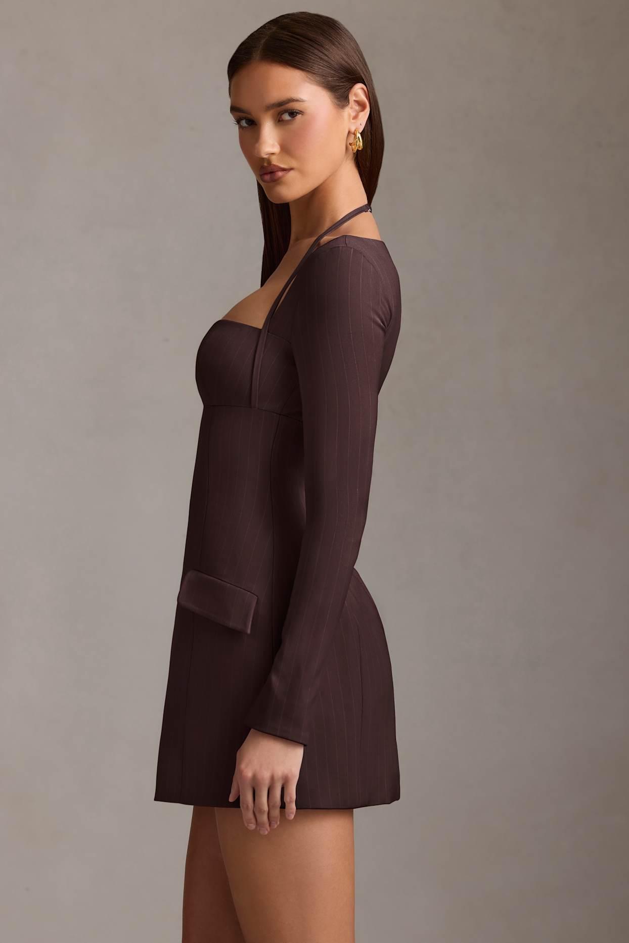 Pinstripe Structured A-Line Mini Dress in Chocolate Brown Product Image