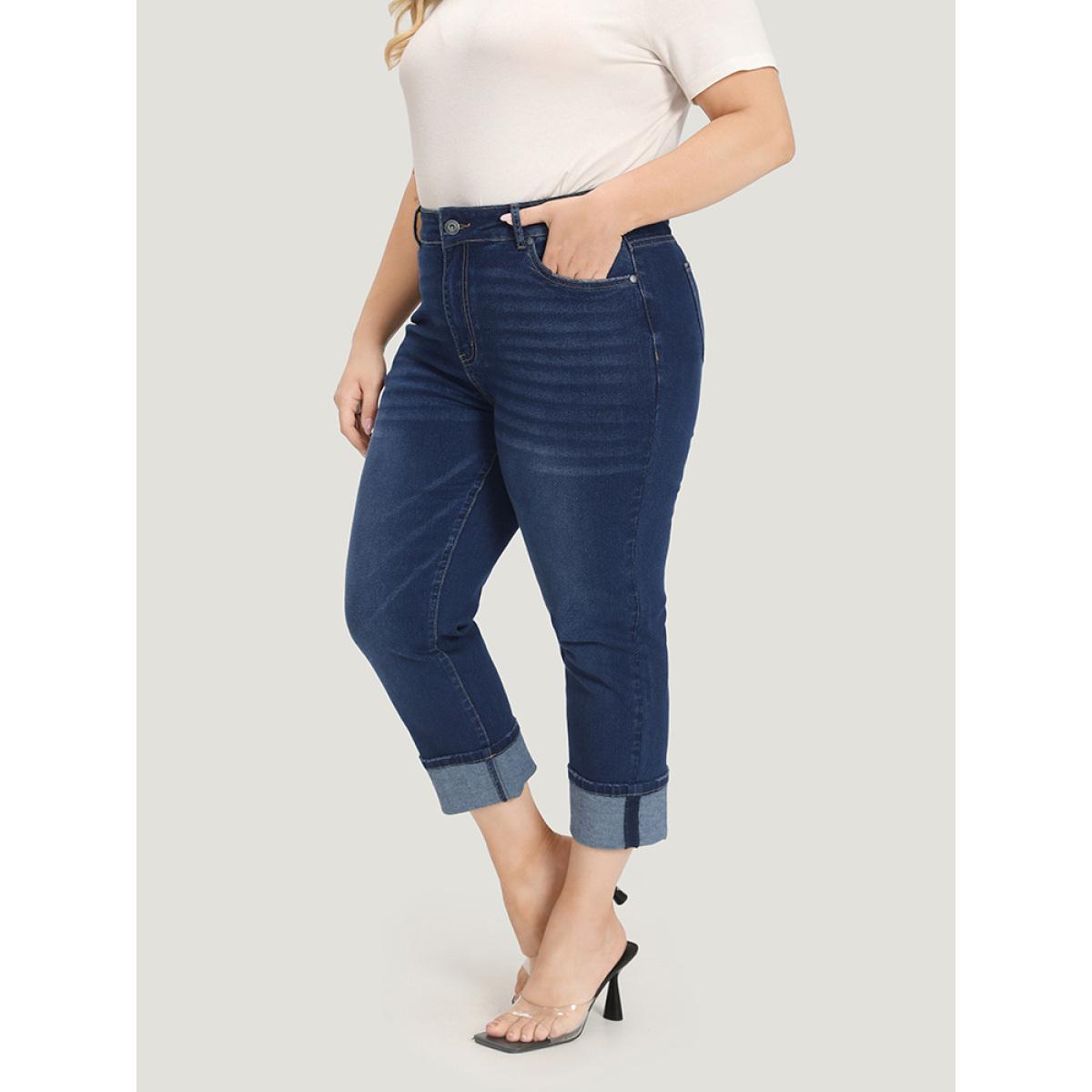 Plus Size Roll Hem High Rise Pocket Very Stretchy Jeans Women DarkBlue Casual Plain Plain High stretch Pocket Jeans BloomChic 30/6X Product Image