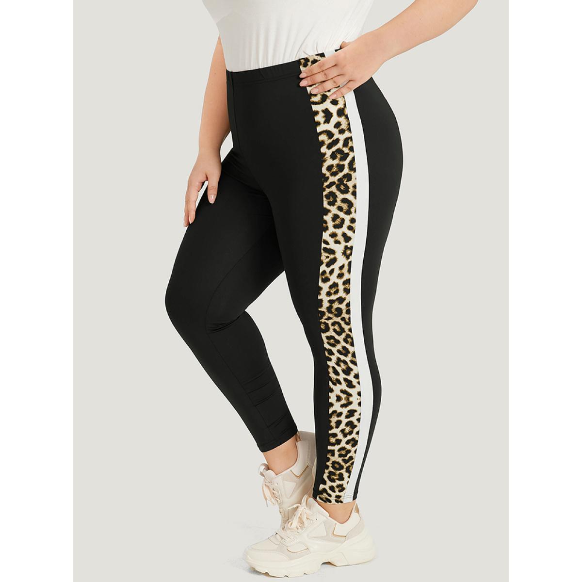Plus Size Leopard Patchwork High Rise Elastic Waist Leggings Women Black Casual High stretch Skinny High Rise Dailywear Leggings BloomChic 14-16/1X Product Image