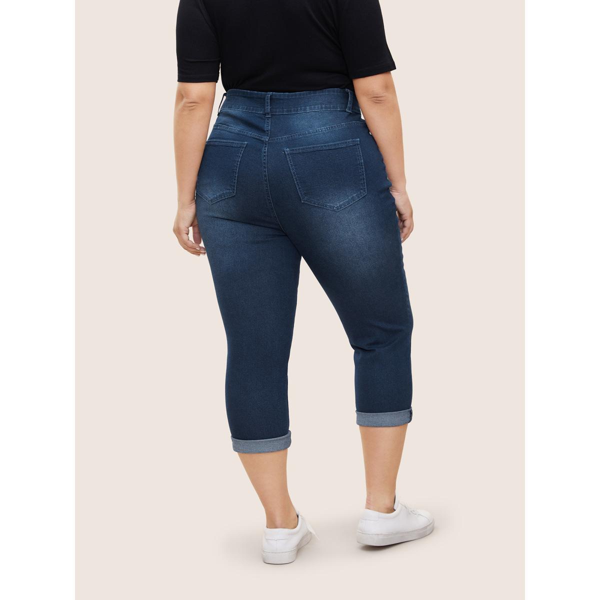 Plus Size Bodycon Roll Hem Medium Wash Jeans Women Blue Casual Plain Non High stretch Slanted pocket Jeans BloomChic 26/4X Product Image