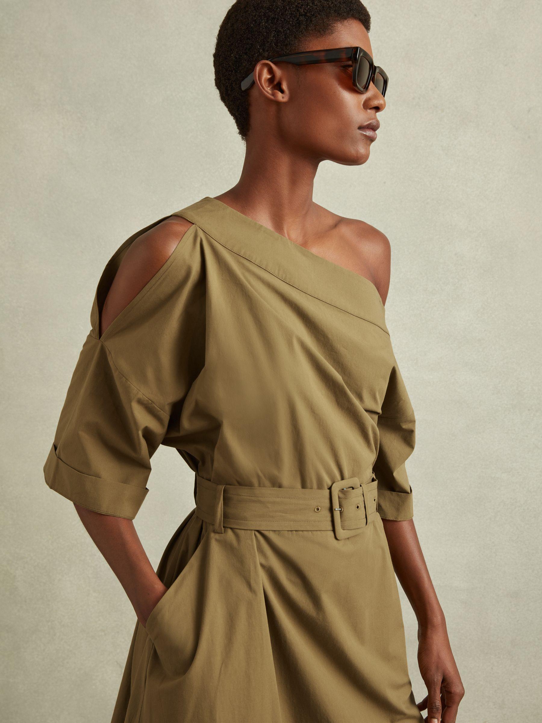 Off The Shoulder Belted Midi Dress in Khaki Product Image