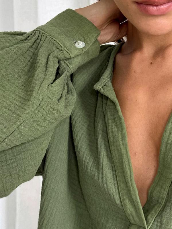 Loose Puff Sleeves Pleated Solid Color Split-Joint V-Neck Blouses&Shirts Tops Product Image