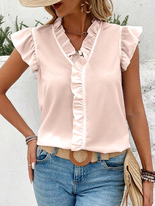 Loose Sleeveless Pleated Ruffle Trim Solid Color V-Neck Blouses&Shirts Tops Product Image