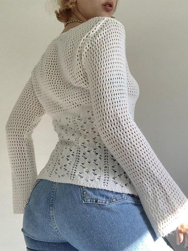 Tie Front White Open Knit Top Product Image