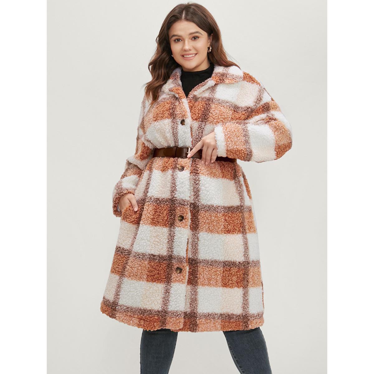 Plus Size Plaid Pocket Button Up Teddy Coat Women Multicolor Casual Button Loose Ladies Dailywear Winter Coats BloomChic 30/6X Product Image