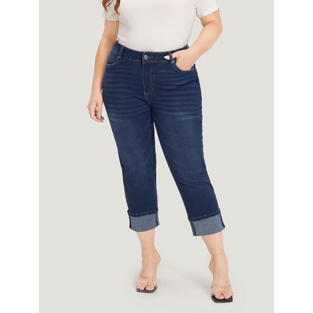 Plus Size Roll Hem High Rise Pocket Very Stretchy Jeans Women DarkBlue Casual Plain Plain High stretch Pocket Jeans BloomChic 30/6X Product Image