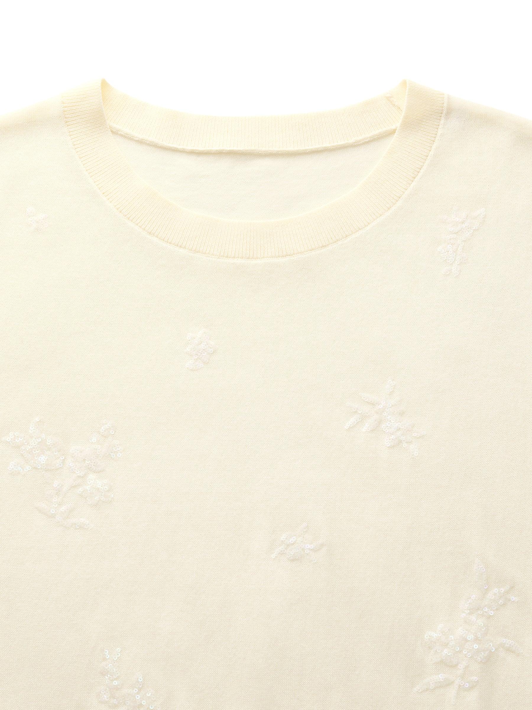 100% Cotton Sequined Embroidered Women Stretchy Knit Top Product Image