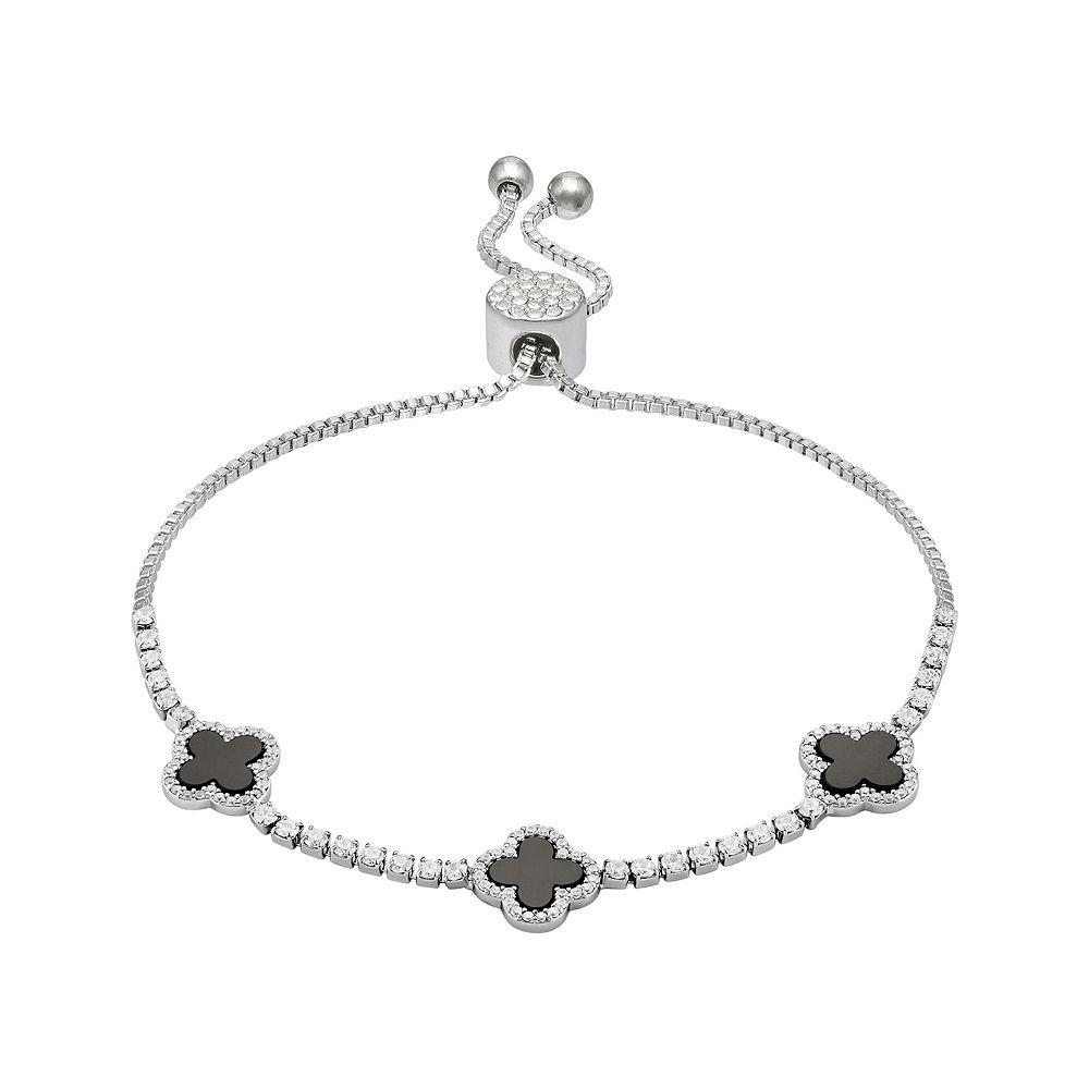 Brilliance Fine Silver Plated Cubic Zirconia and Stone Triple Clover Slider Bracelet, Women's, Size: 4-10" ADJ, Silver Tone Black Product Image