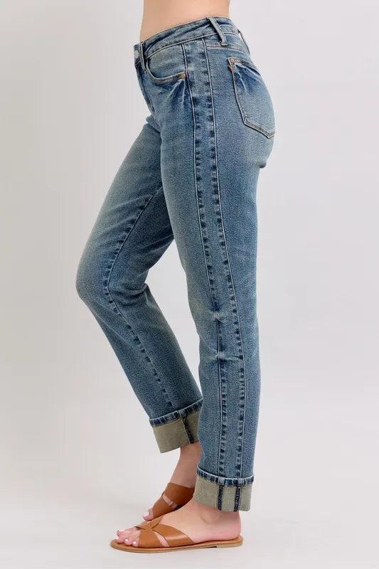 88946   Alina Mid-Rise Vintage Wash Double Roll Cuff Boyfriend Judy Blue Jeans Product Image