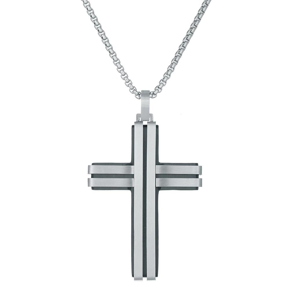 Men's LYNX Stainless Steel Black Ion Layered Cross Pendant, Size: 24", Two Tone Product Image