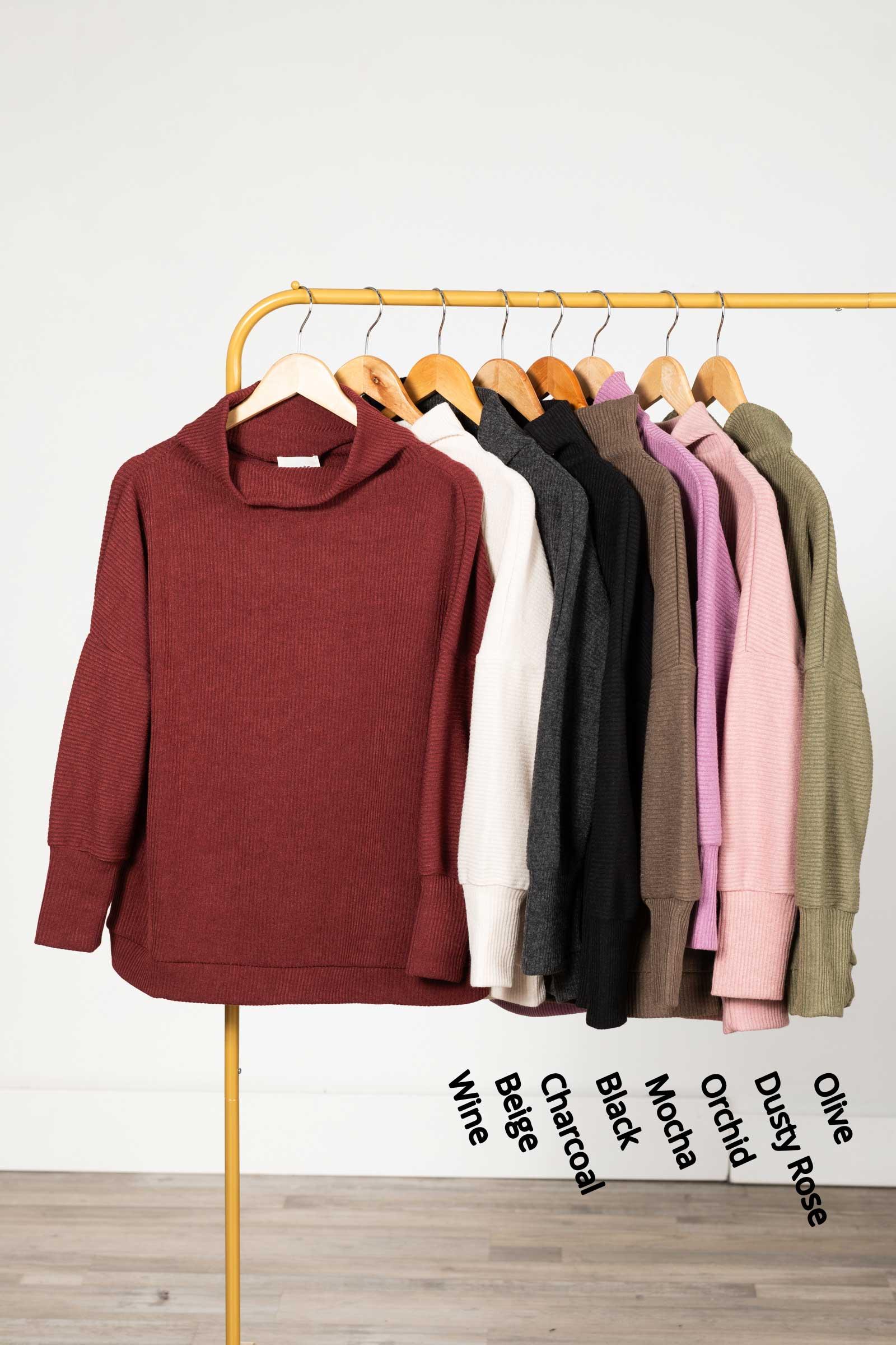 Cowl Neck Ribbed Long Sleeve Knit Top Product Image