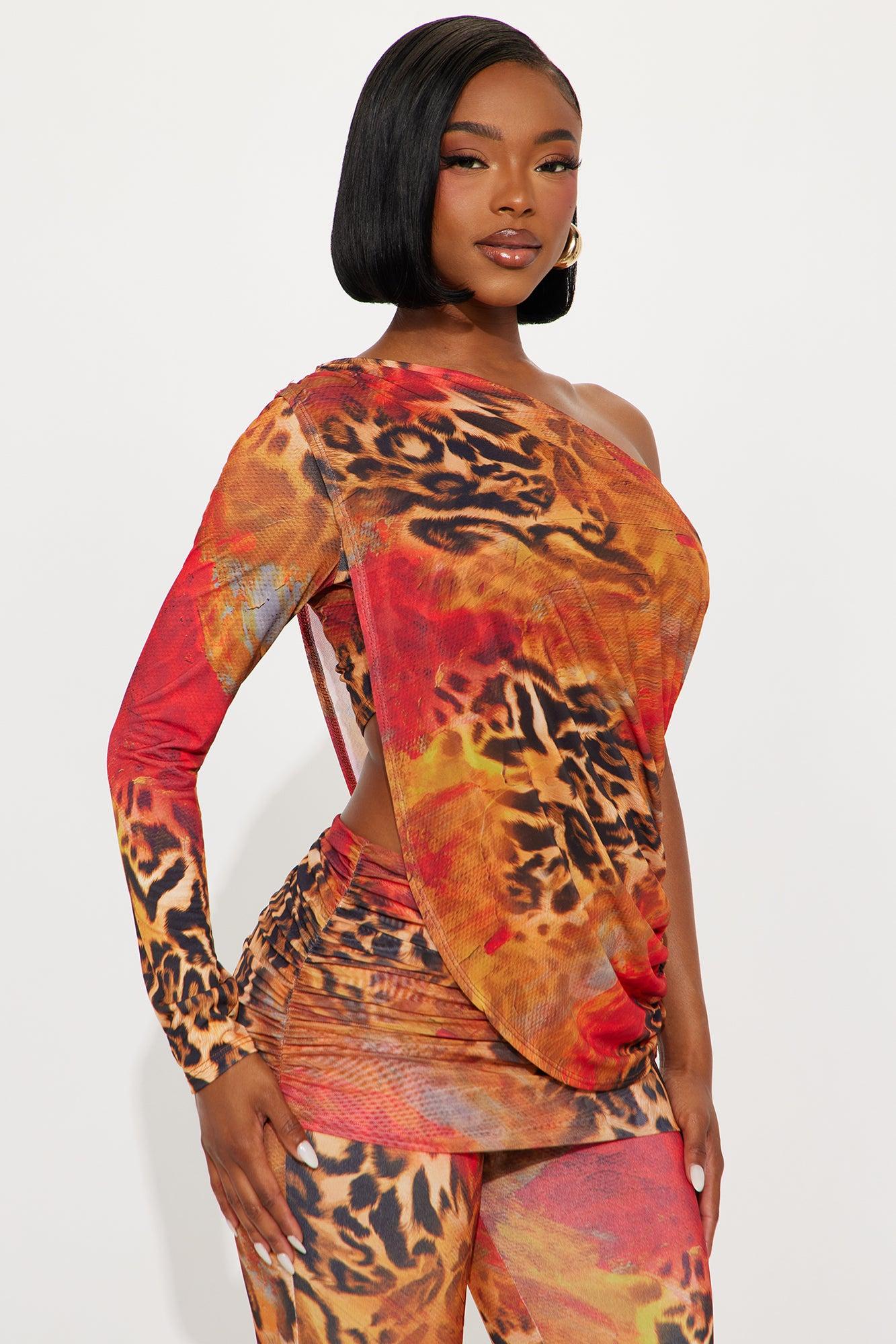 Nyla One Shoulder Leopard Pant Set - Orange/combo Female Product Image