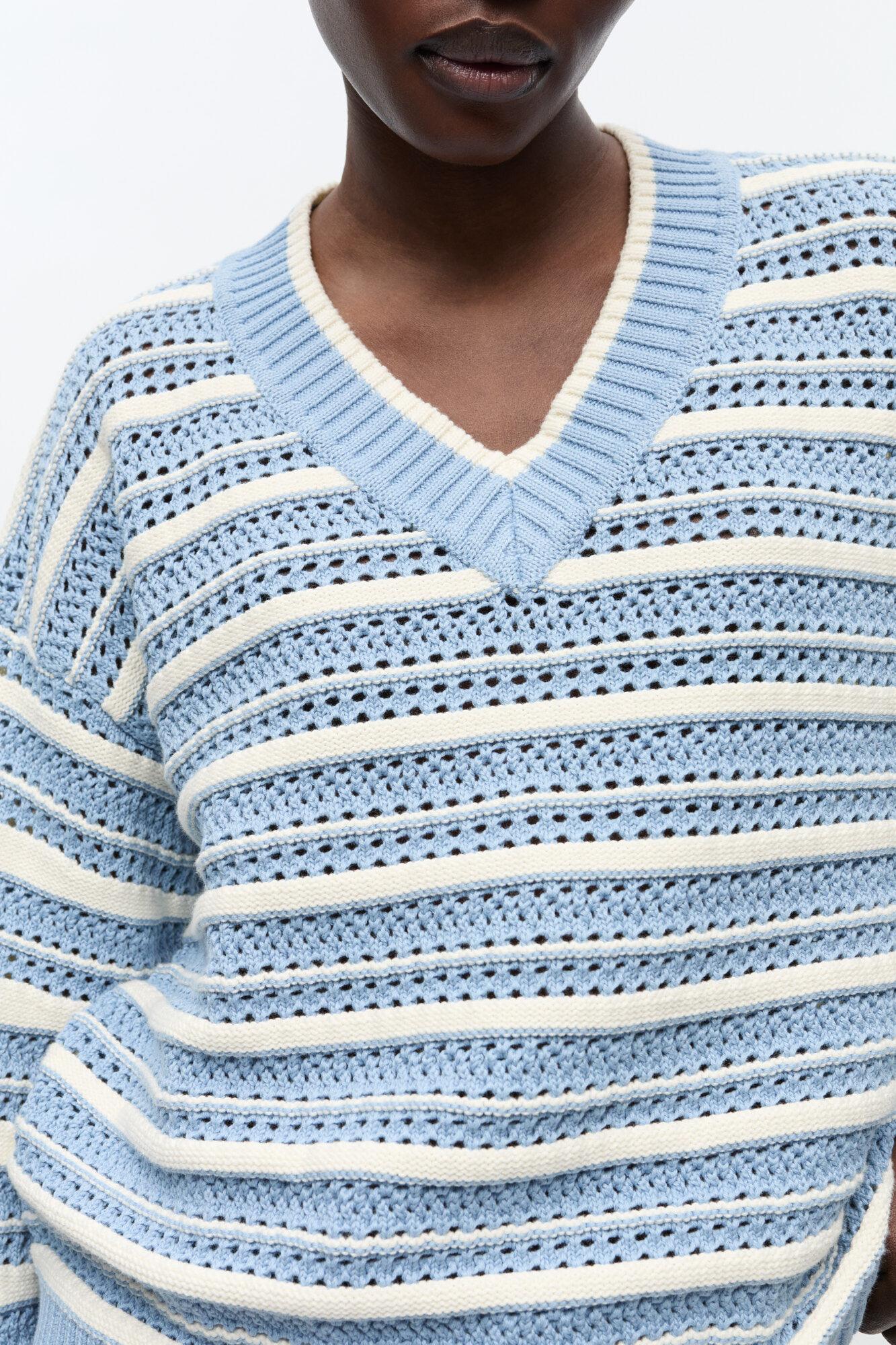 Blue Striped Cotton V-neck Sweater Product Image