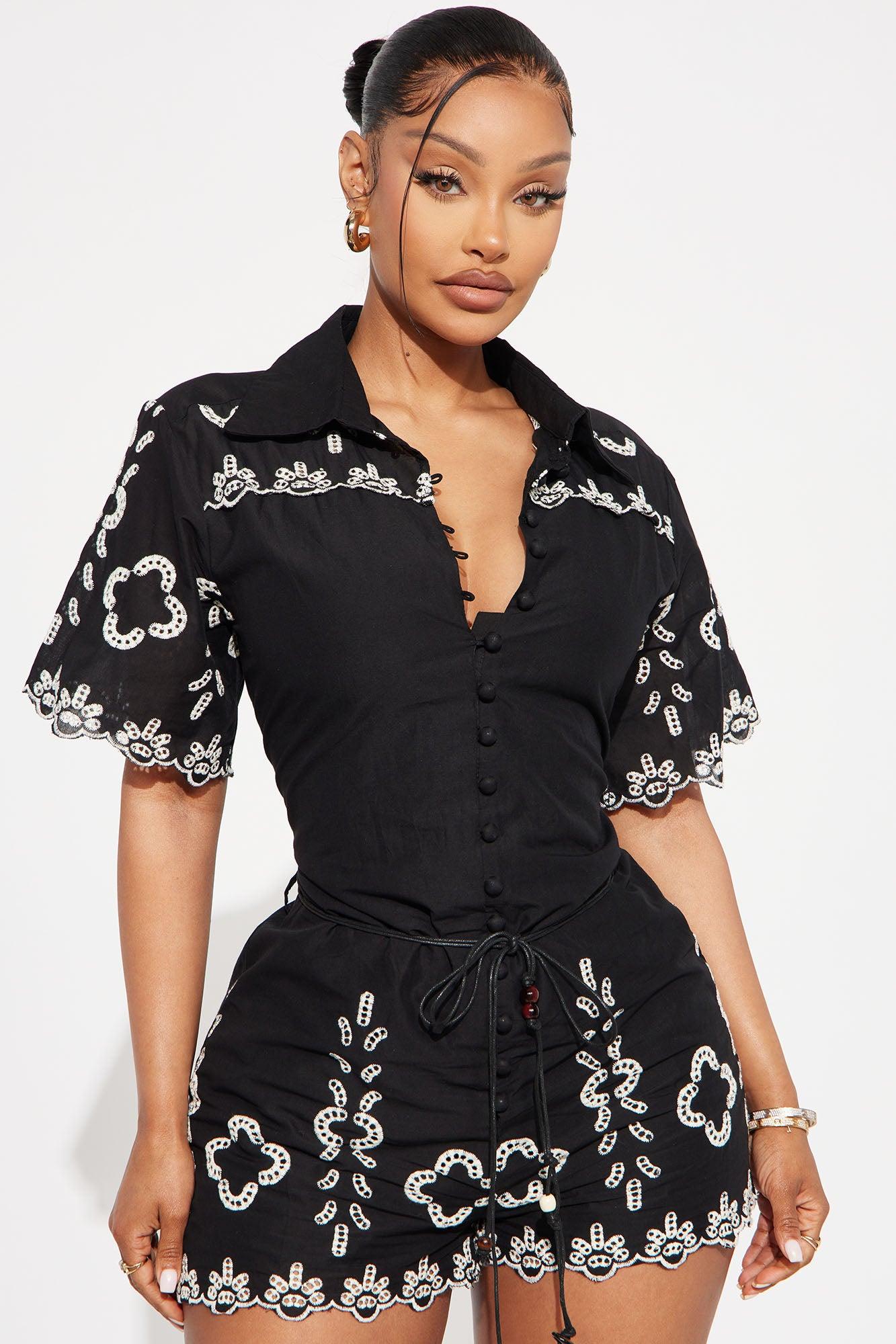 Sicily Linen Romper - Black/White Female Product Image