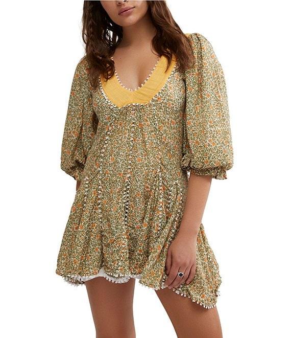 Free People Bali - Coral Floral Printed V Neck 3/4 Puffed Sleeve Mini Dress Product Image