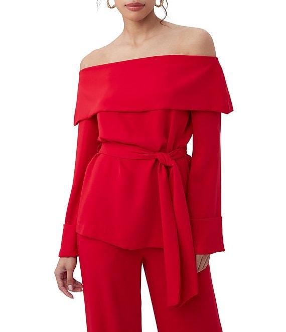 Trina Turk Lyndi Double Georgette Off-The-Shoulder Long Sleeve Tie Waist Top Product Image