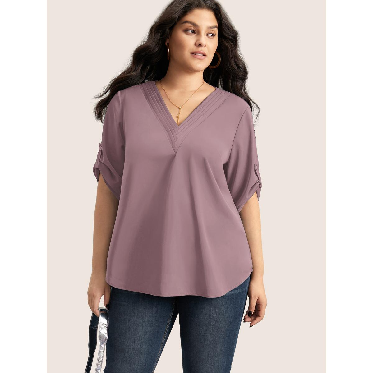 Plus Size Mauve V Neck Plain Pleated Tab Sleeve Blouse Women Office Elbow-length sleeve V-neck Office Blouses BloomChic 14-16/1X Product Image
