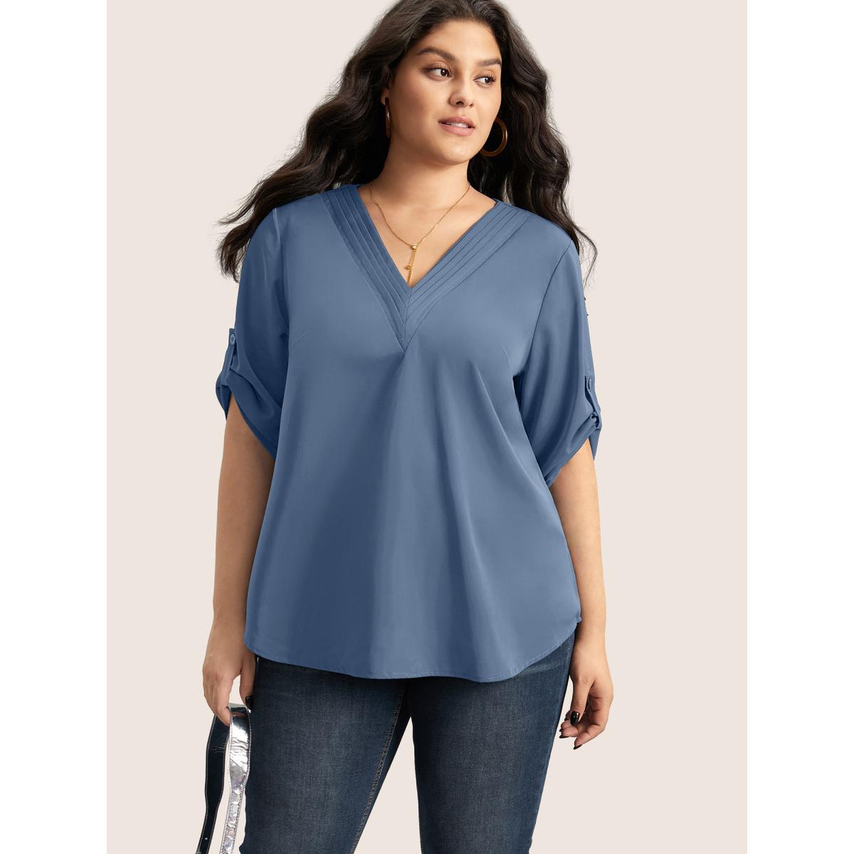 Plus Size Stone V Neck Plain Pleated Tab Sleeve Blouse Women Office Elbow-length sleeve V-neck Office Blouses BloomChic 12/L Product Image