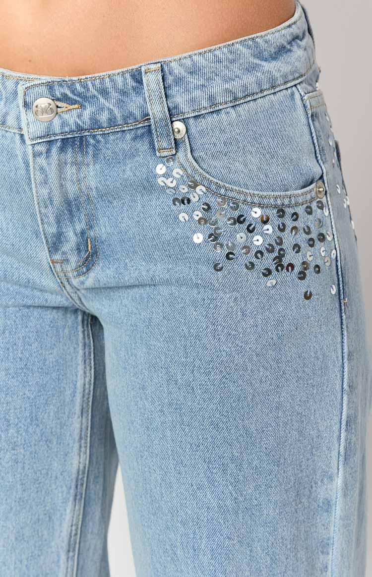 Clara Sequin Light Wash Denim Low Rise Jeans Product Image
