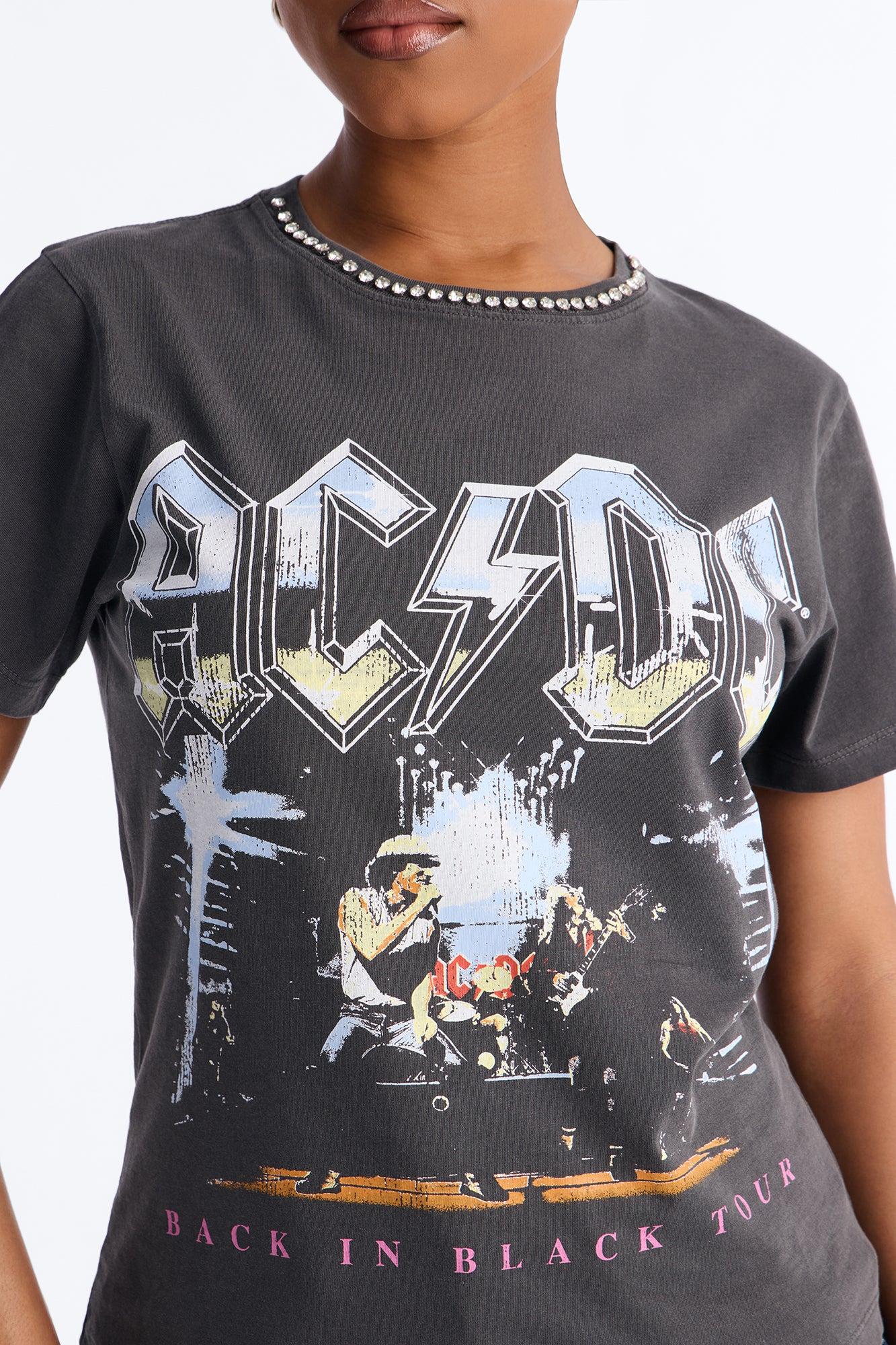 ACDC Jeweled Neck Washed Tee - Black Wash Female Product Image