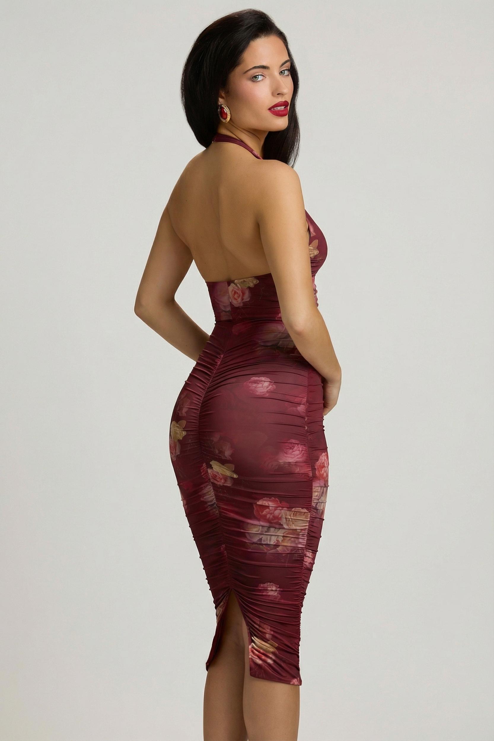 Ruched Plunge Halterneck Midi Dress in Maroon Floral Print Product Image