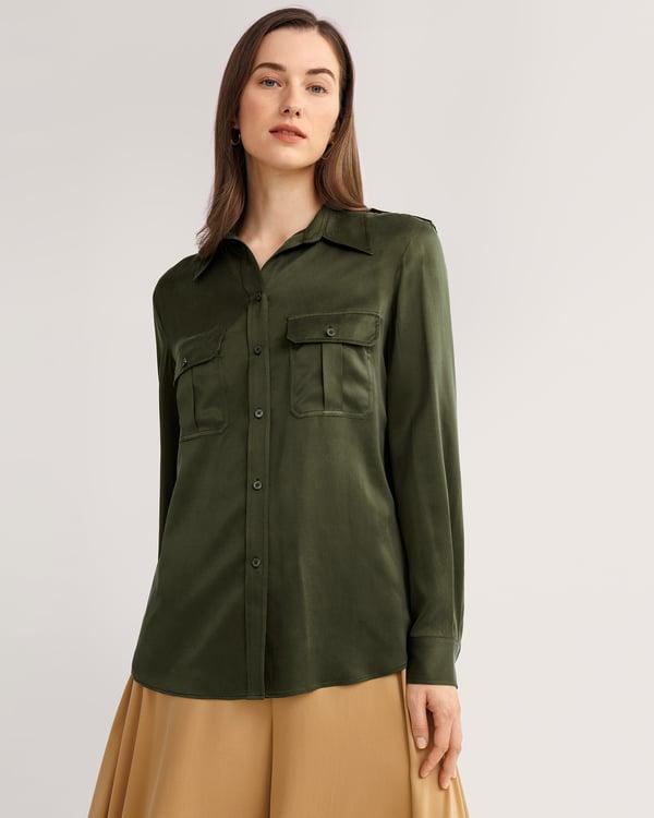 LILYSILK Women's 22MM Sandwashed Silk Safari Shirt With Epaulets Safari Green XXL Product Image