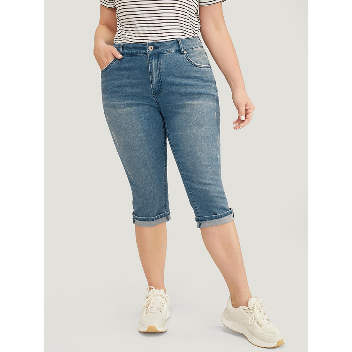 Plus Size Very Stretchy Medium Wash Roll Hem Knee Denim Shorts Women Indigo High stretch Dailywear Pocket Casual Denim Shorts BloomChic 16/1X Product Image