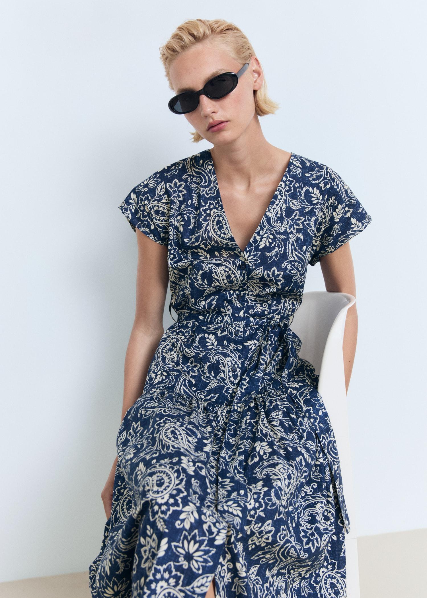 Paisley flared dress with belt - Women | MANGO USA Product Image