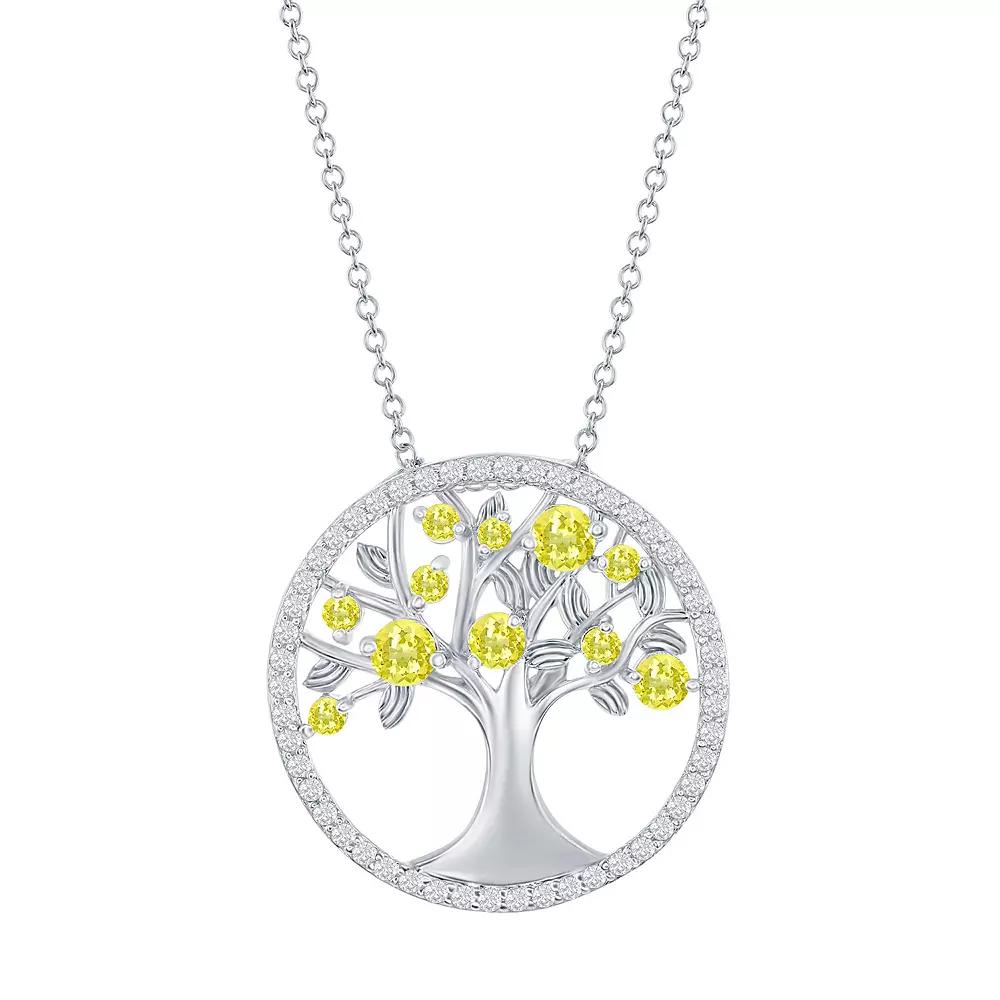Sterling Silver Yellow Cubic Zirconia Tree Of Life Necklace, Women's Product Image