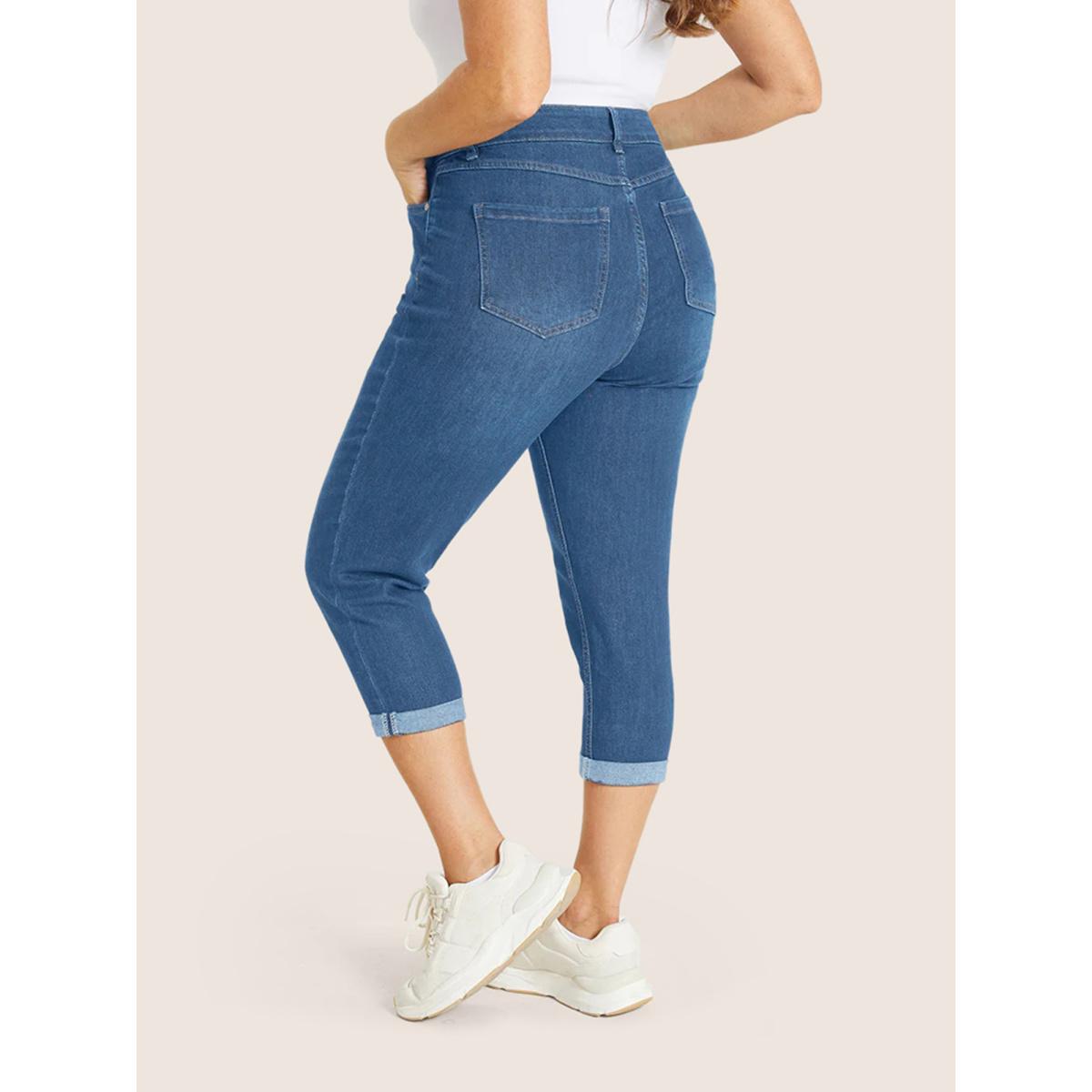 Plus Size Very Stretchy High Rise Dark Wash Cropped Jeans Women Blue Leisure Plain High stretch Slanted pocket Jeans BloomChic 26/4X Product Image