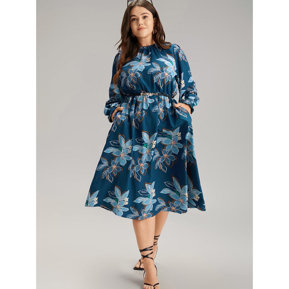 Plus Size Floral Mock Neck Frill Trim Keyhole Dress Aegean Women Elegant Elastic cuffs Mock Neck Long Sleeve Curvy Midi Dress BloomChic 30/6X Product Image