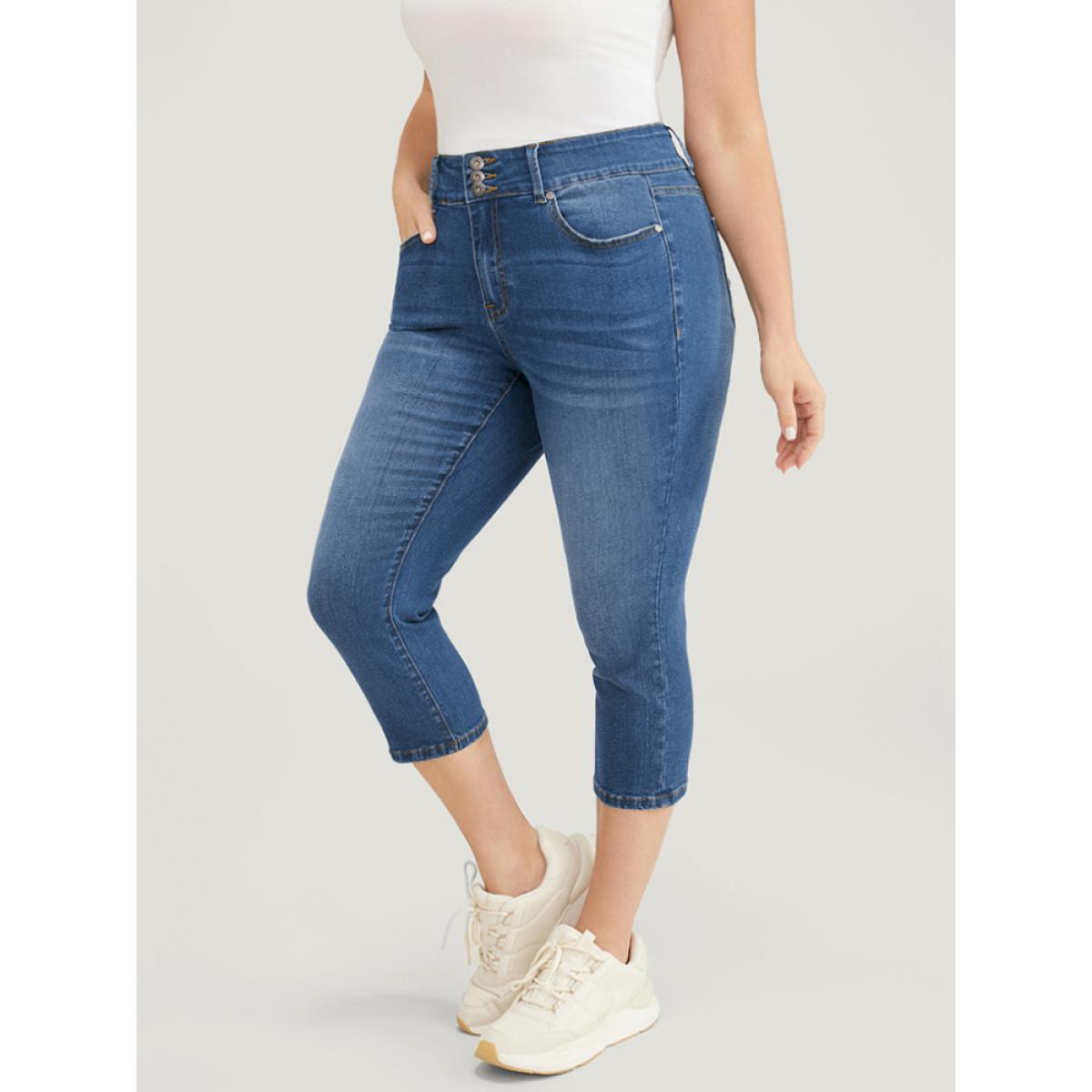 Plus Size Very Stretchy High Rise Medium Wash Cropped Jeans Women Cerulean Casual Plain High stretch Jeans BloomChic 28/5X Product Image