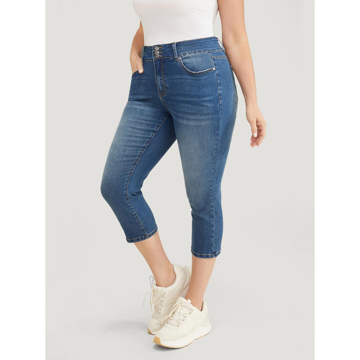 Plus Size Very Stretchy High Rise Medium Wash Cropped Jeans Women Blue Casual Plain High stretch Jeans BloomChic 22/3X Product Image