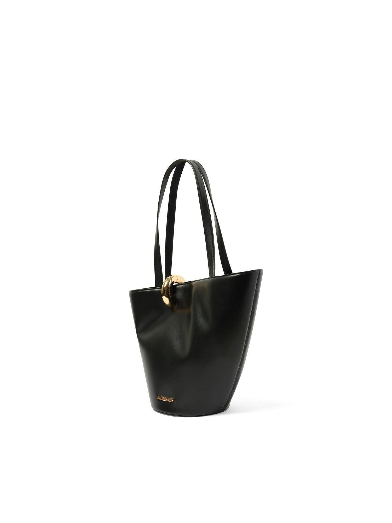 JACQUEMUS The Medium Bambola Asymmetric Leather Bucket Bag In Black 990 Product Image