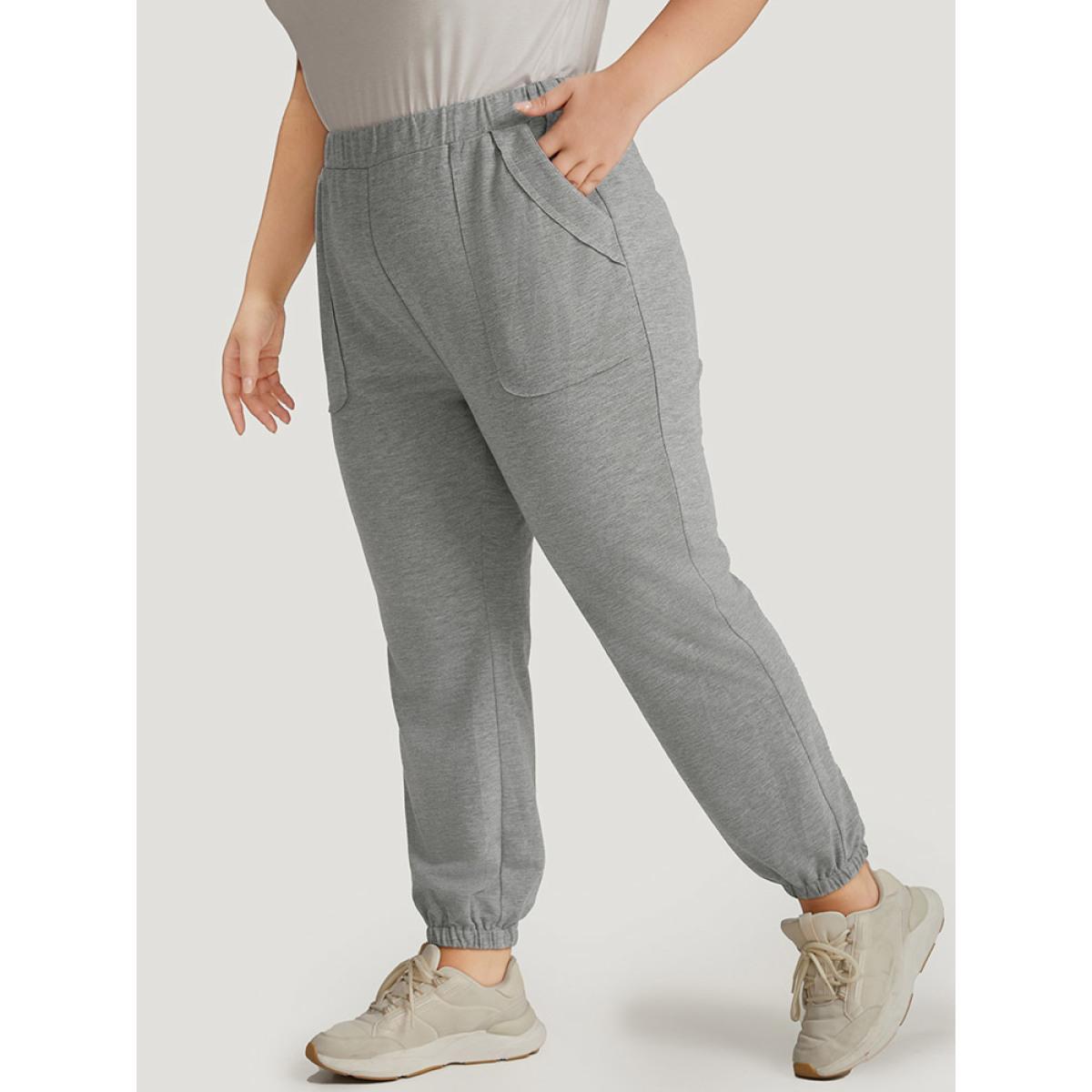 Solid Patched Slant Pocket High Rise Sweatpants Gray Plus Size Women Casual Dailywear Pocket 30/6X Bloomchic Product Image