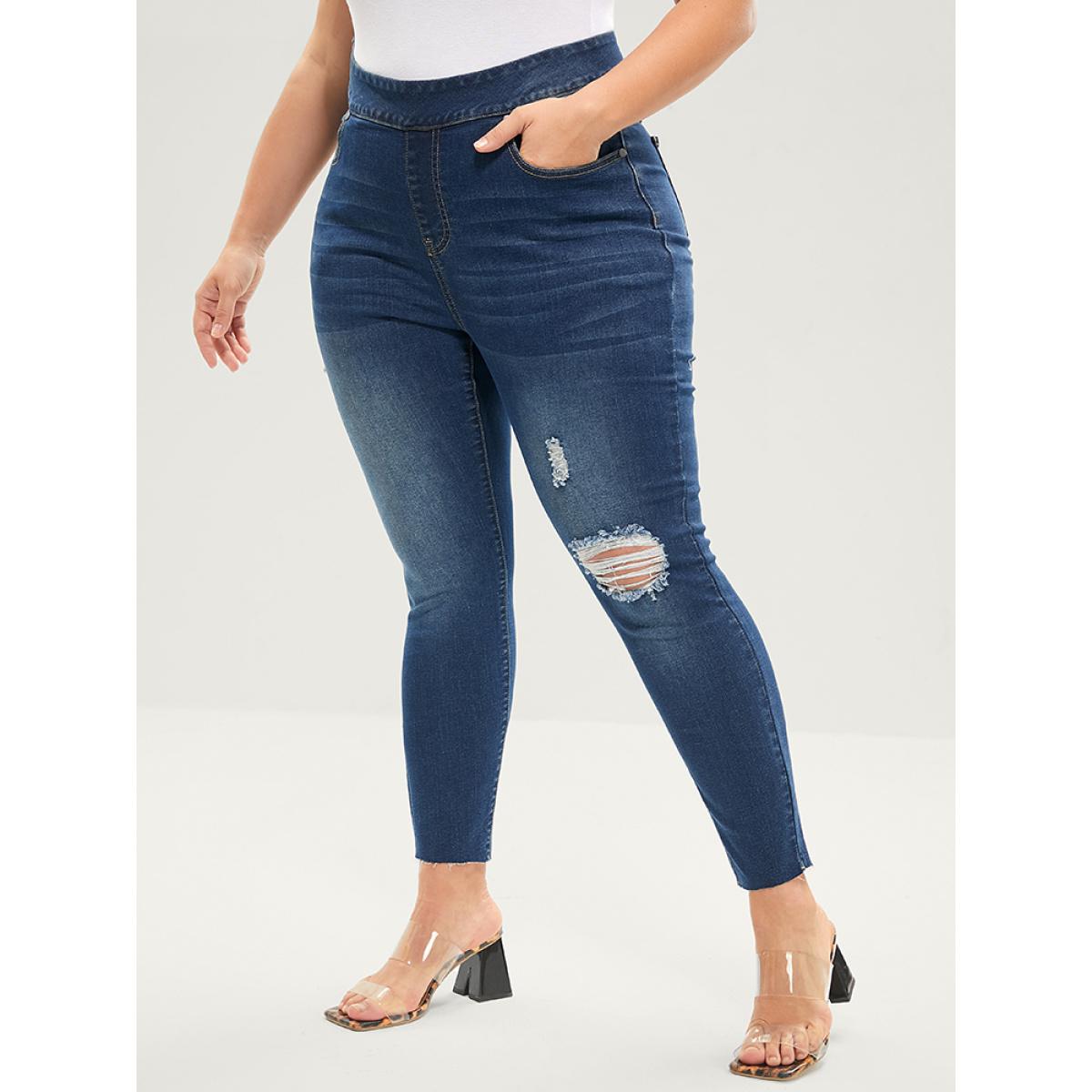 Plus Size Skinny Very Stretchy High Rise Medium Wash Sculpt Waist Jeans Women DarkBlue Casual Plain Tummy control High stretch Pocket Jeans BloomChic 14/1X Product Image