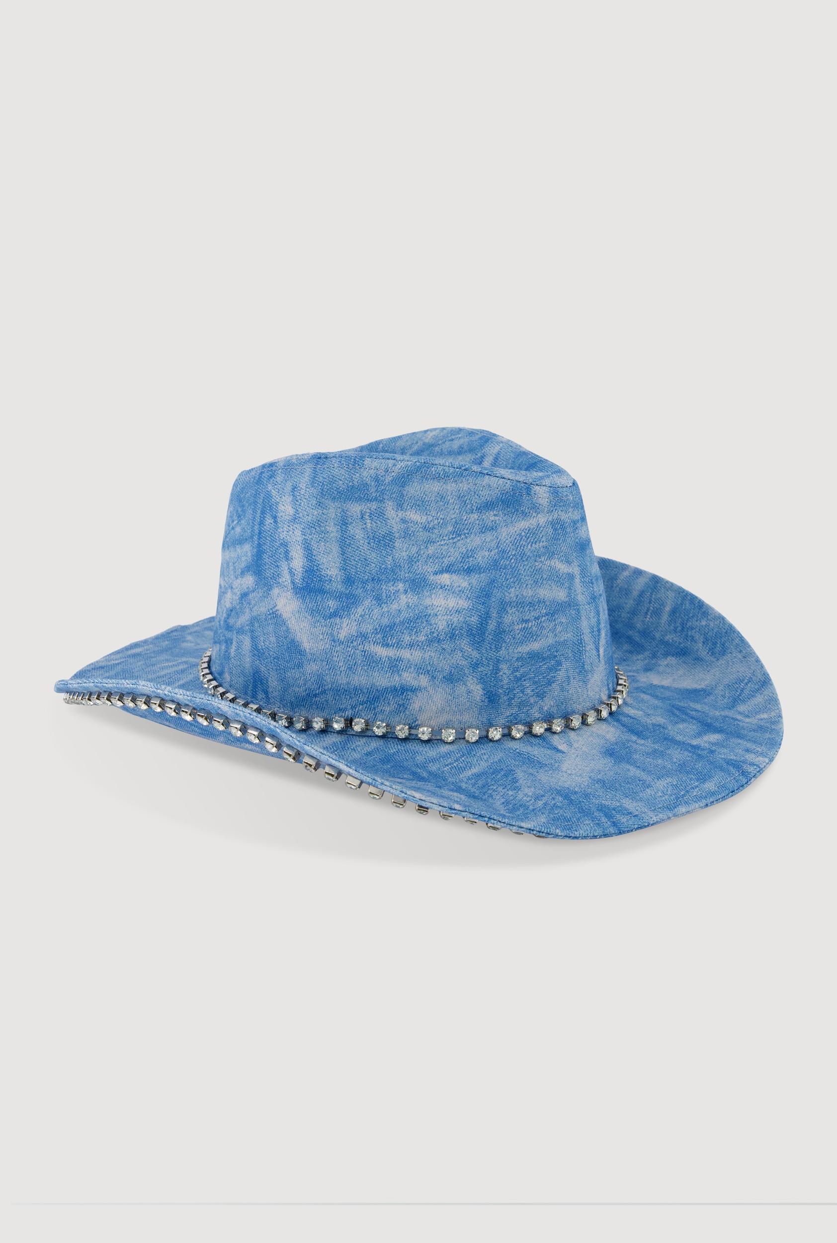 Rhinestone Trim Denim Print Cowboy Hat Female Product Image