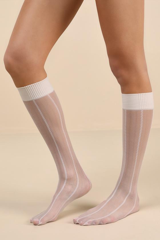 360 Contour™ White Striped Sheer Knee-High Socks Product Image